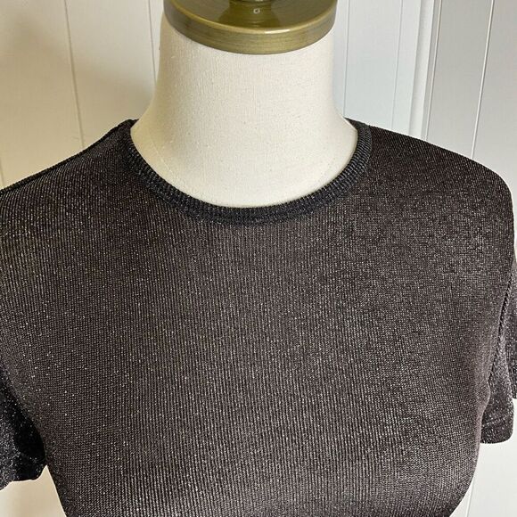 Espirit Womens Small Crewneck Top Black Metallic Sparkly Short Sleeves Stretch - Picture 2 of 9